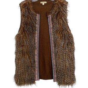 Love on a Hanger Brown Fur Aztec Ribbon Trim Open Vest US M